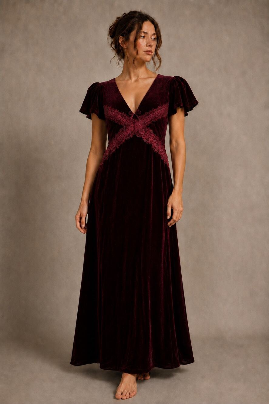 Reclaimed Vintage Burgundy Velvet Lace Maxi Dress Women’s US 12